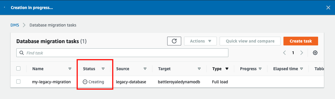 After you create your task, your task is shown in the &quot;Database migration tasks&quot; section with a &quot;Status&quot; of &quot;Creating&quot;