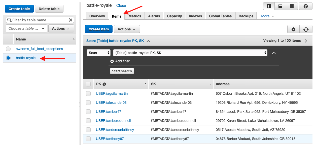 Choose the &quot;Items&quot; tab to see the records in your DynamoDB table