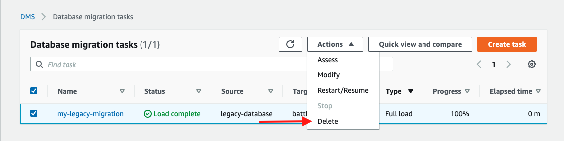 Stop and delete the database migration task to replicate your data