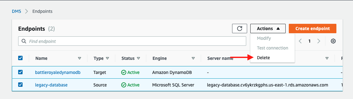 Choose both your source endpoint and your target endpoint, and then choose &quot;Delete&quot;