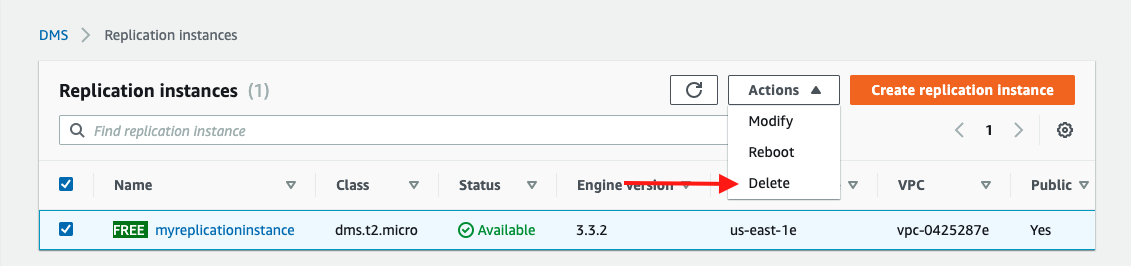 If your replication instance is not being used for any other replication tasks, choose it and then choose &quot;Delete&quot;