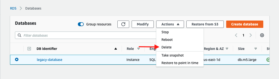 Delete the SQL Server database you used as a sample source database