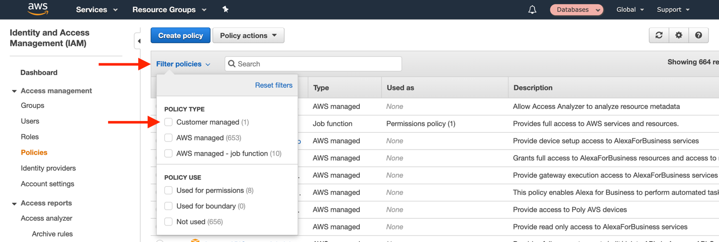 On the &quot;Policies&quot; page of the IAM console, choose the &quot;Filter policies&quot; filter and then choose &quot;Customer managed&quot;