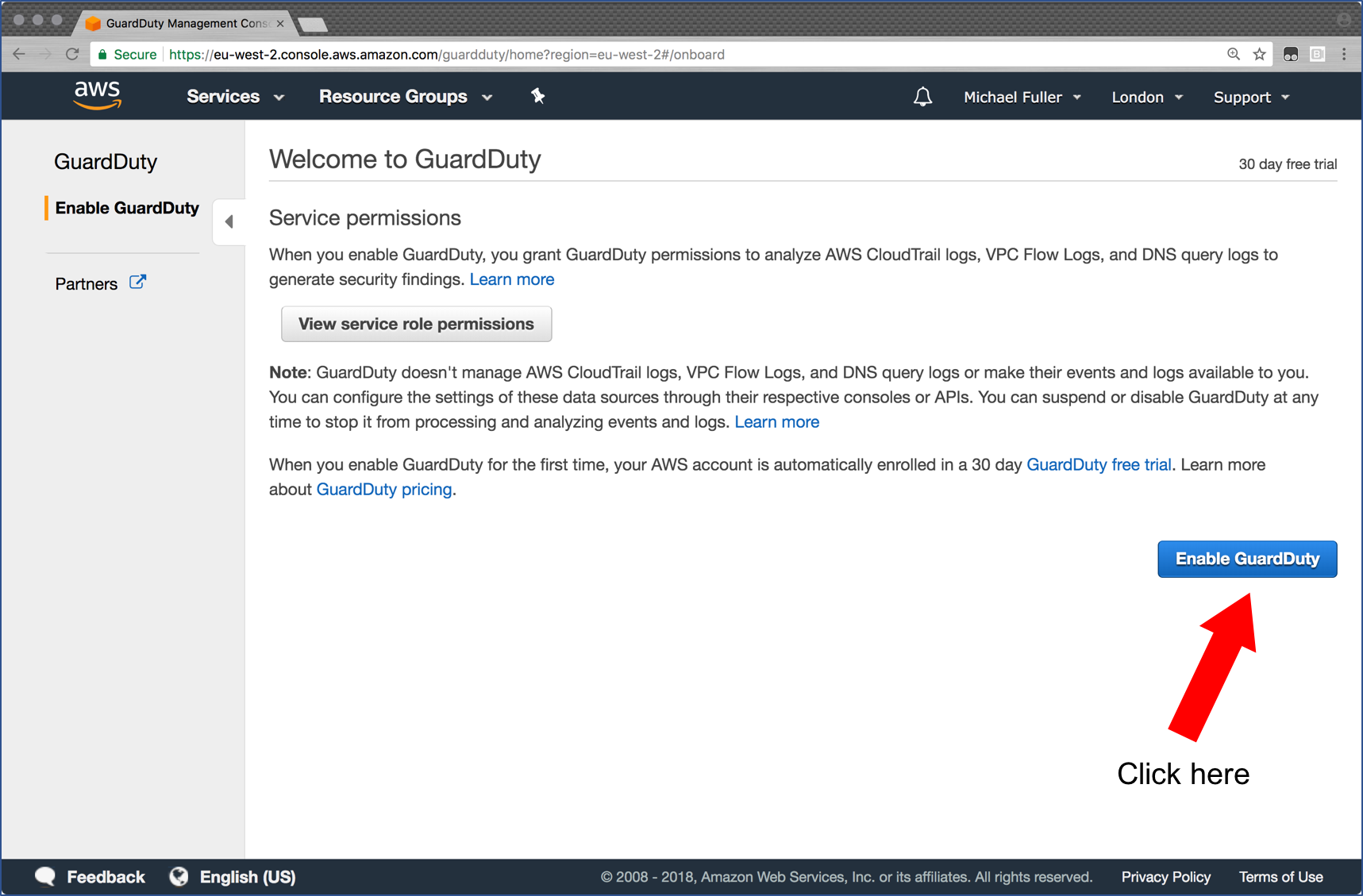 Enable GuardDuty page showing the Enable button