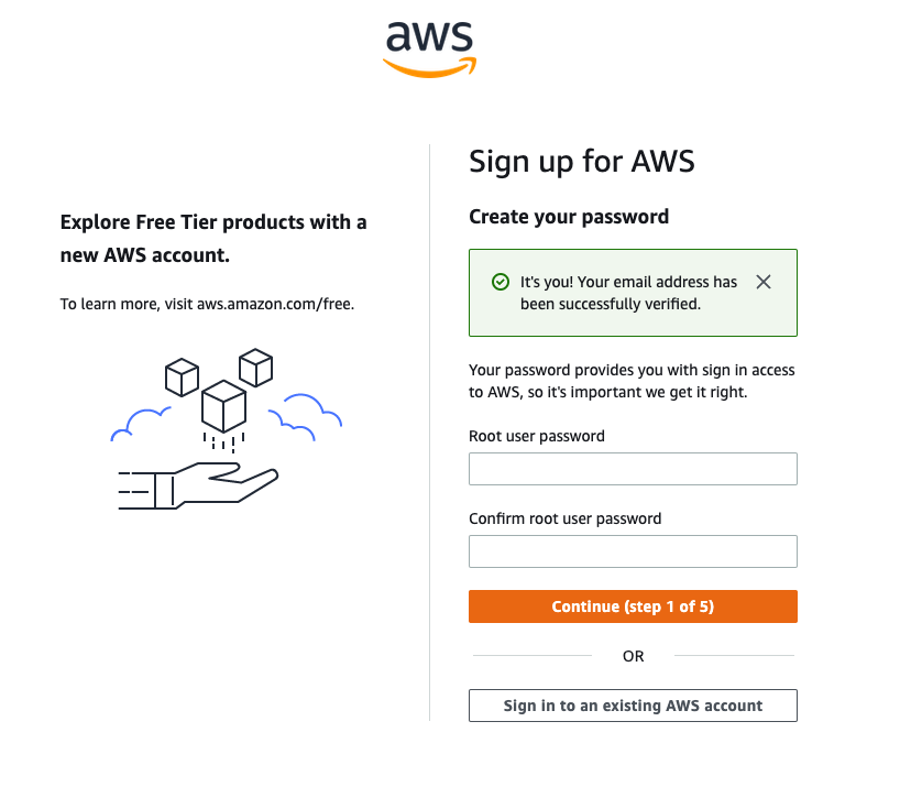 Sign-up page for AWS account, with options to enter and confirm the password for the root user.