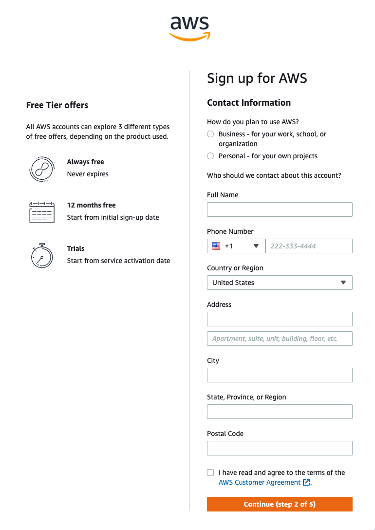 P&aacute;gina de registro de la cuenta de AWS, con opciones para seleccionar una cuenta empresarial o personal y campos para introducir la informaci&oacute;n de contacto.