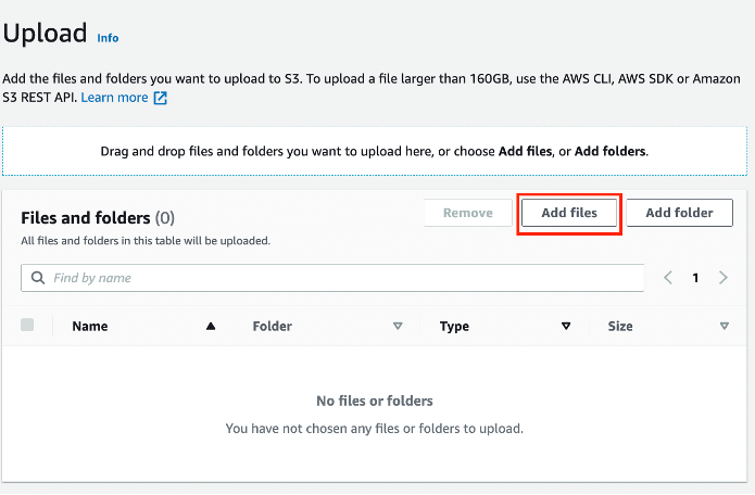 Etapa 2: fa&ccedil;a upload do conjunto de dados para o bucket do Amazon S3