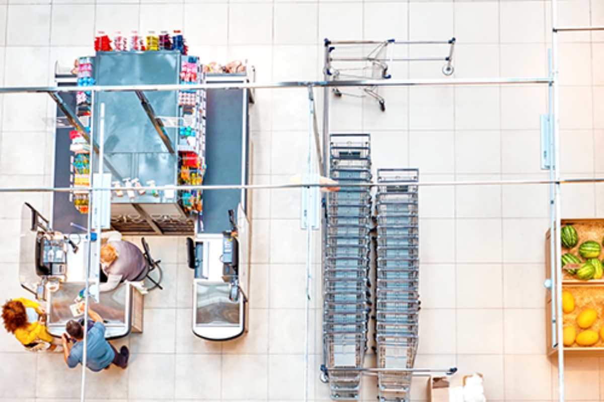 overhead view of a store checkout area