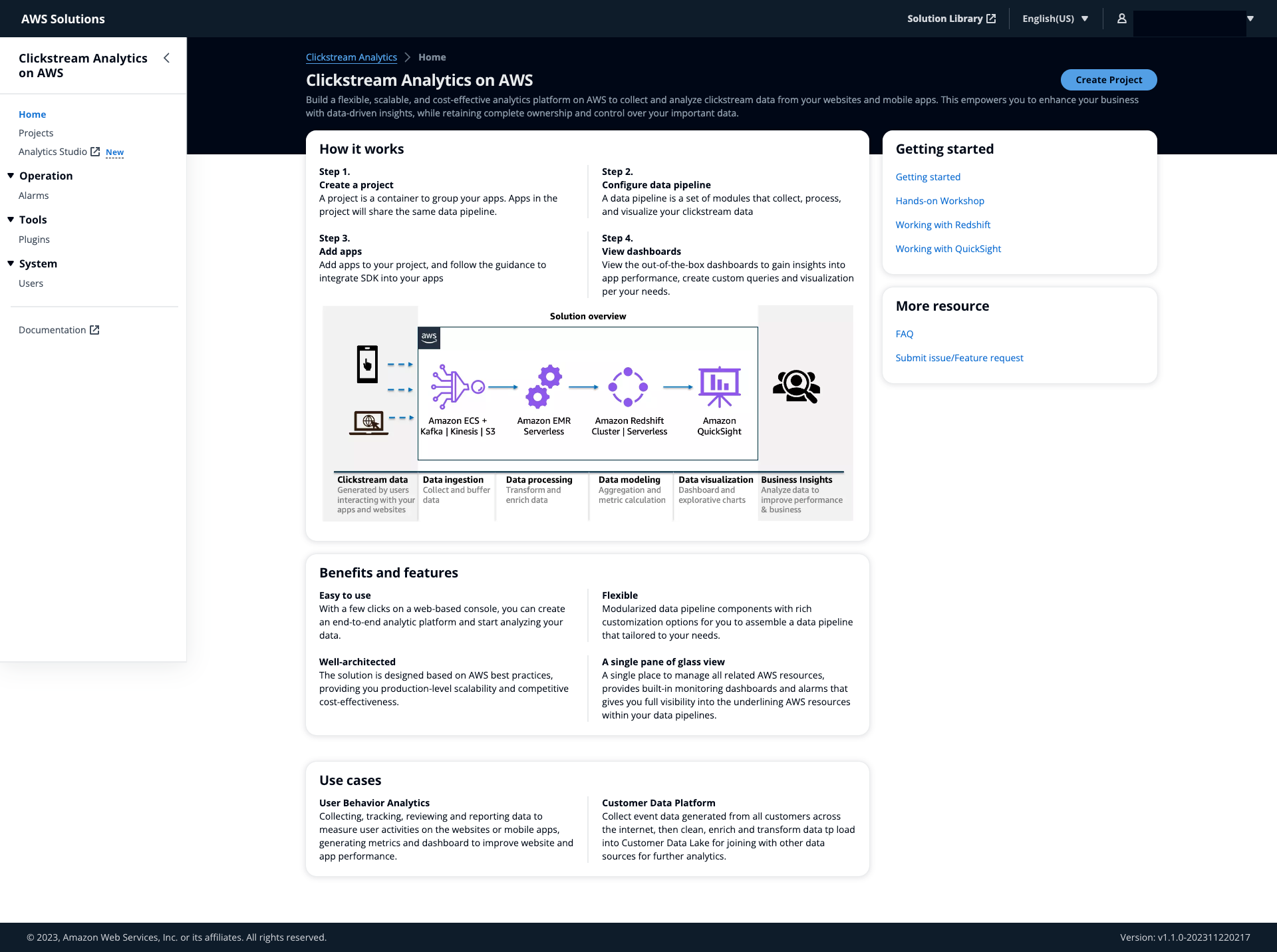 Clickstream Analytics on AWS | AWS Console Visual