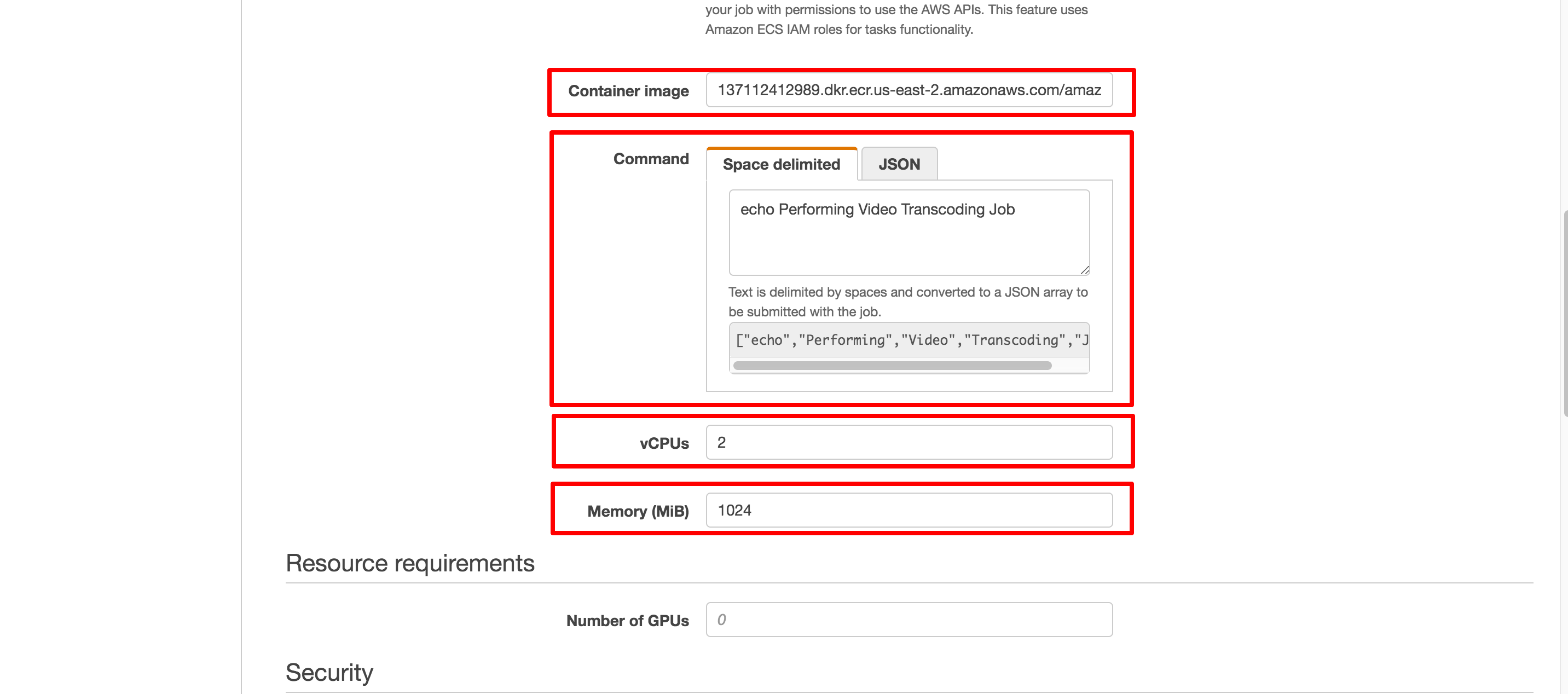 Set container image, command, vCPUs, and memory