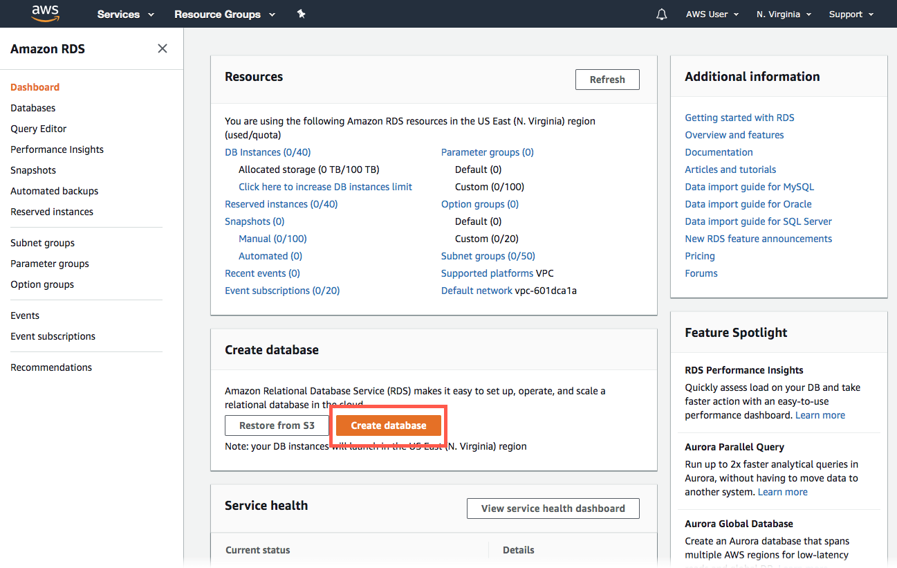 [Create database] (データベースの作成) セクションで、[Create database] (データベースの作成) を選択します。