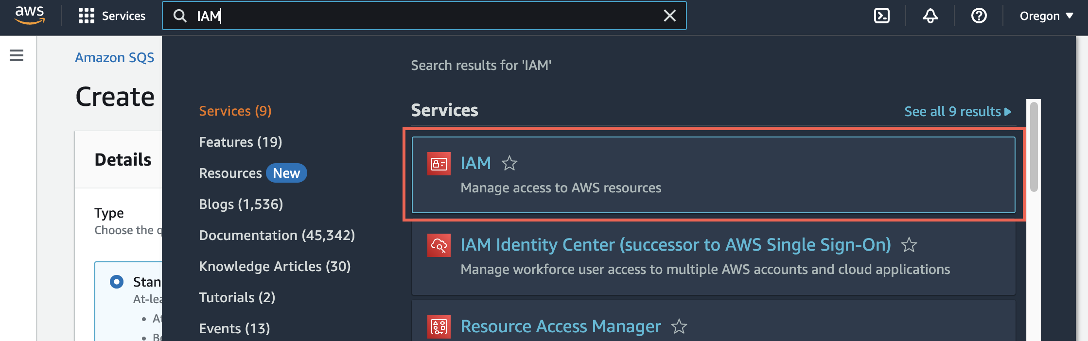 AWS Management Console with IAM selected in search results