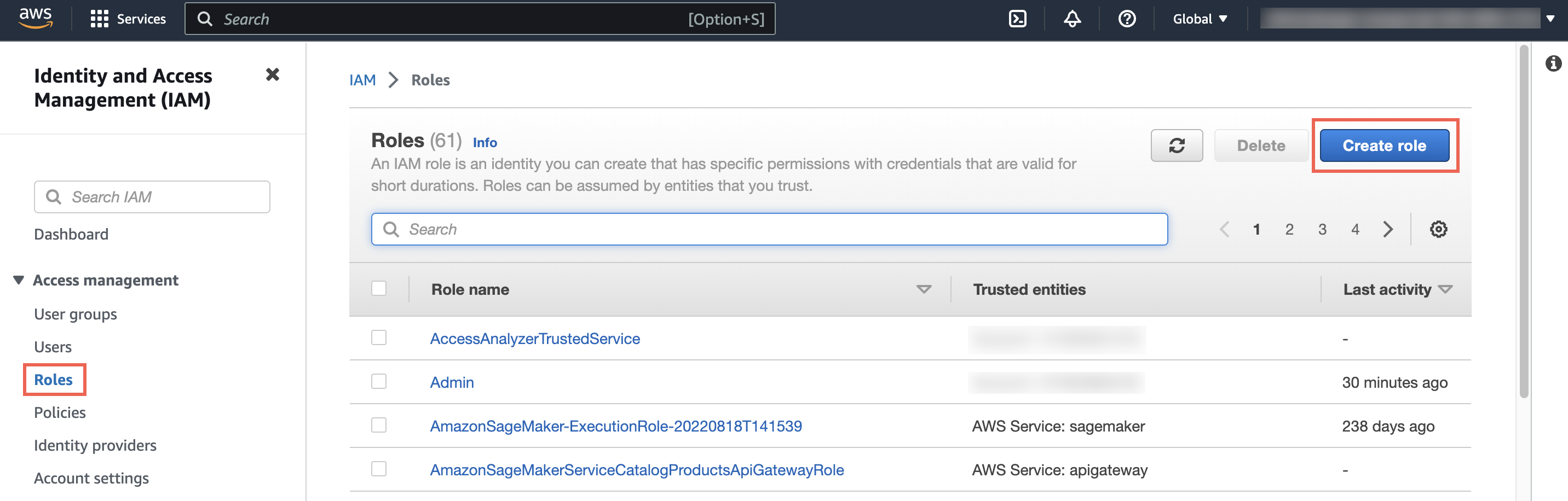 Roles selected in left navigation pane, with Create role button highlighted