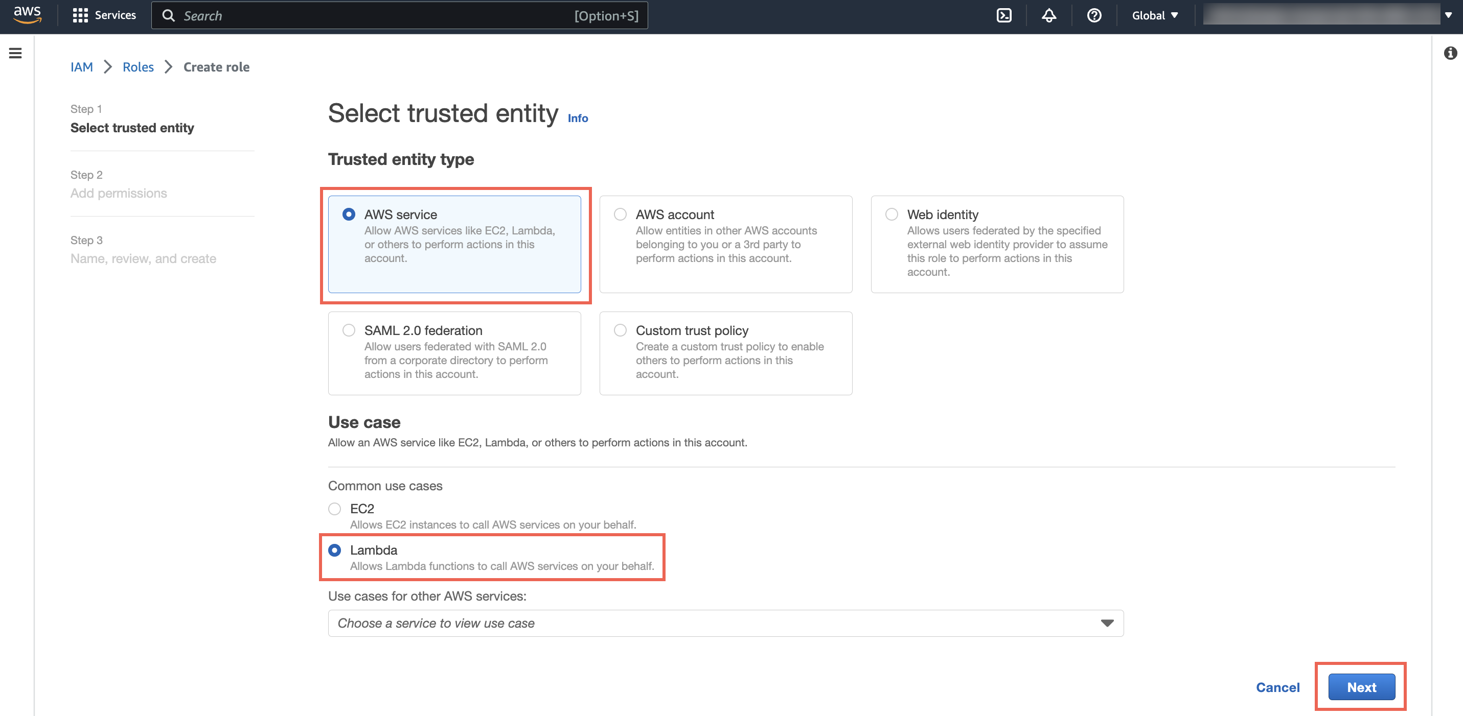 Create Role screen, with AWS service, Lambda, and Next button selected.