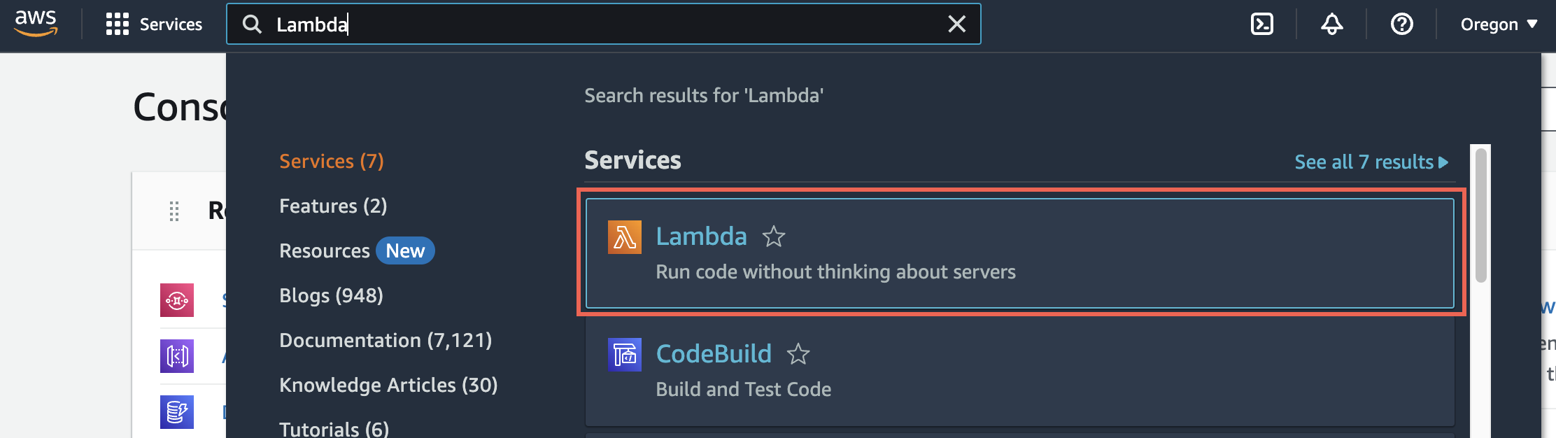 AWS Management Console with Lambda selected in search results