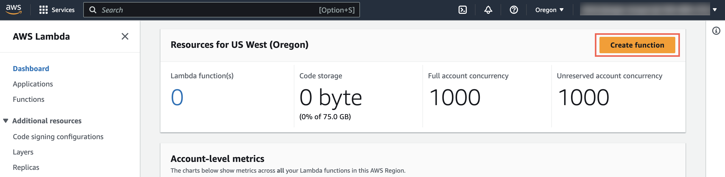 Lambda window with Create function button selected