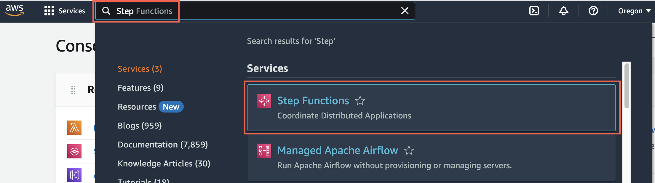 AWS Management Console with Step Functions selected in search results