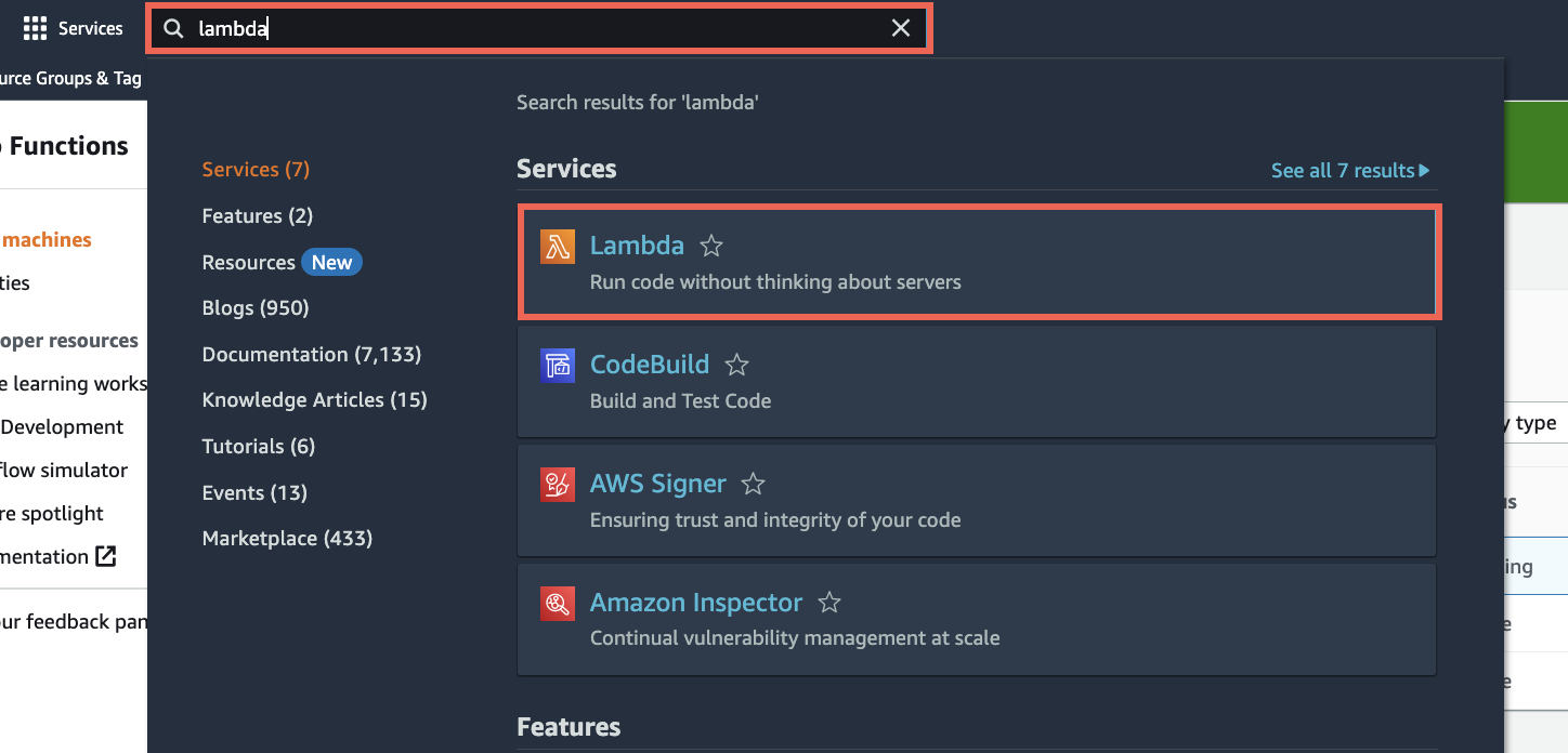 Lambda in the search bar, with Lambda selected in the search results