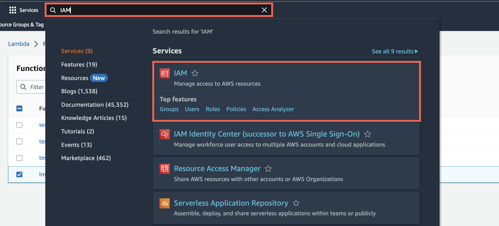 AWS Management Console with IAM selected in search results