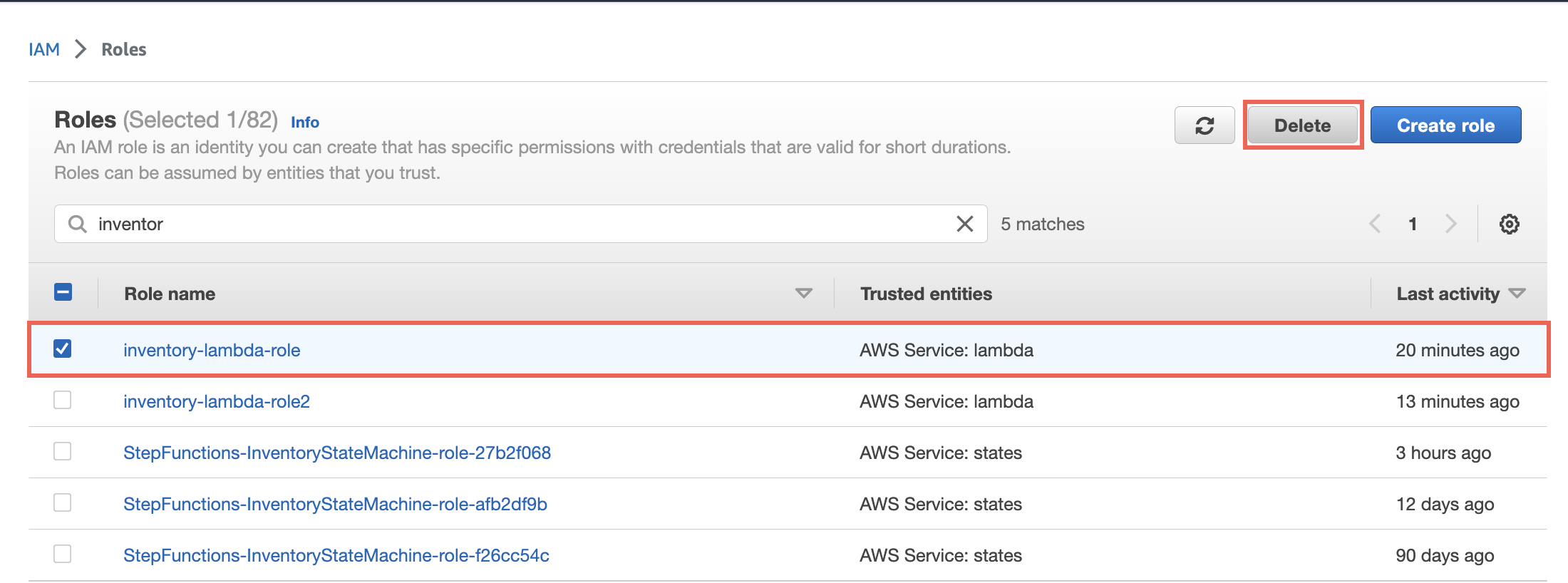 IAM roles highlighted, with Delete button selected