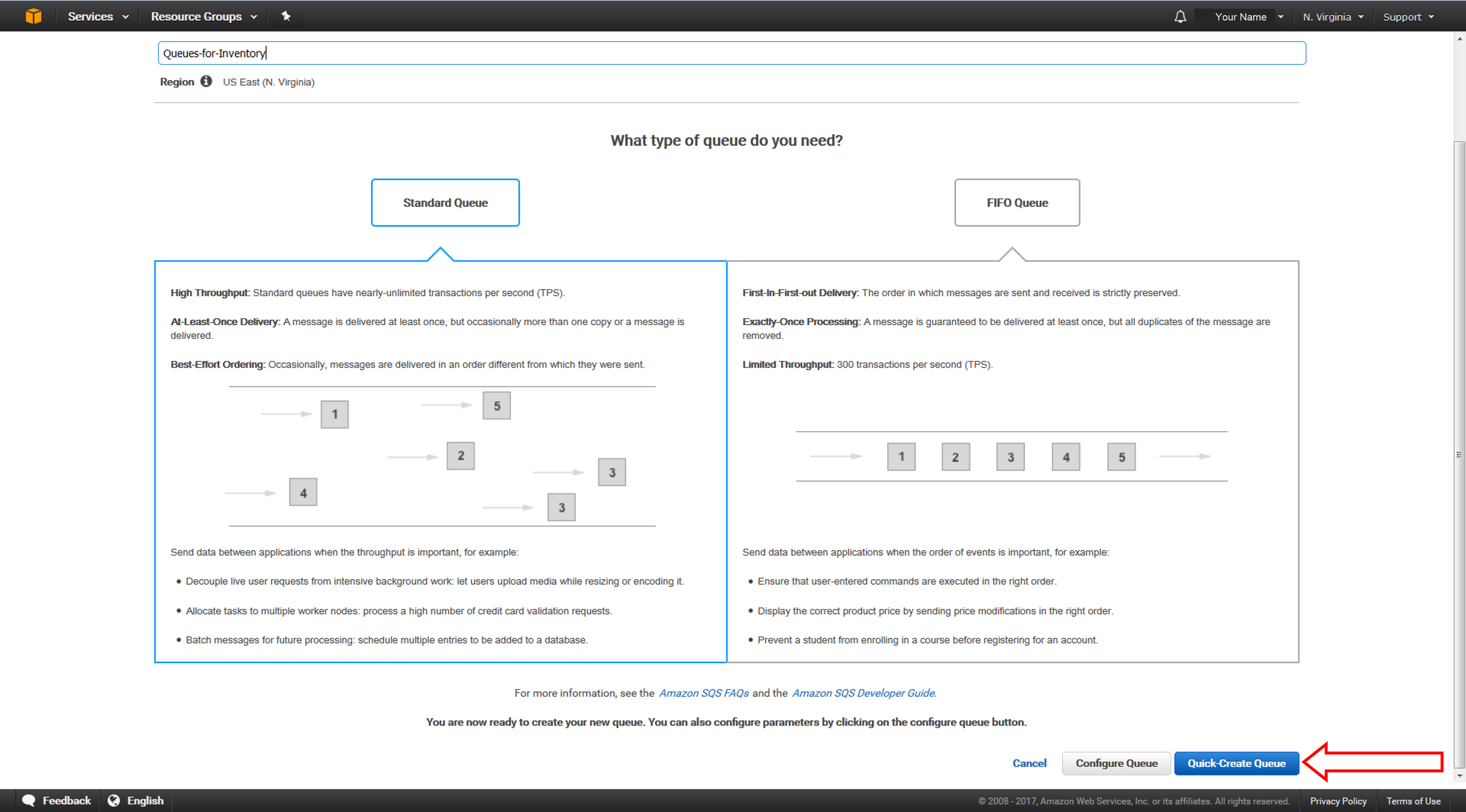 Seleccione Quick-Create Queue (Creaci&oacute;n r&aacute;pida de la cola)