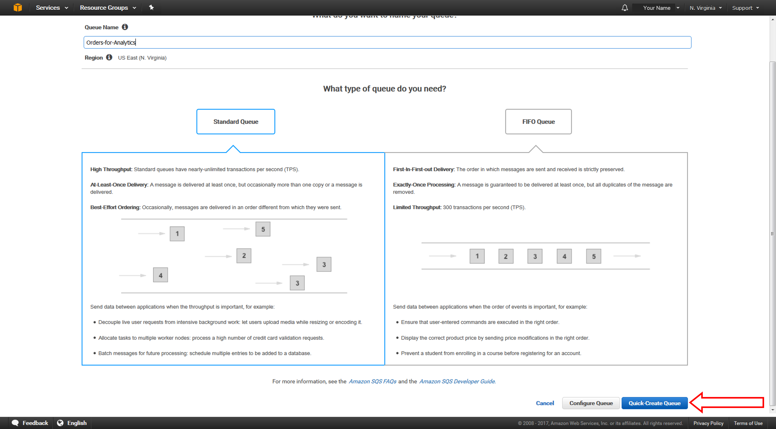 Ingrese Orders-for-Analytics (Pedidos-para-An&aacute;lisis) en el campo Queue Name y haga clic en Quick-Create Queue