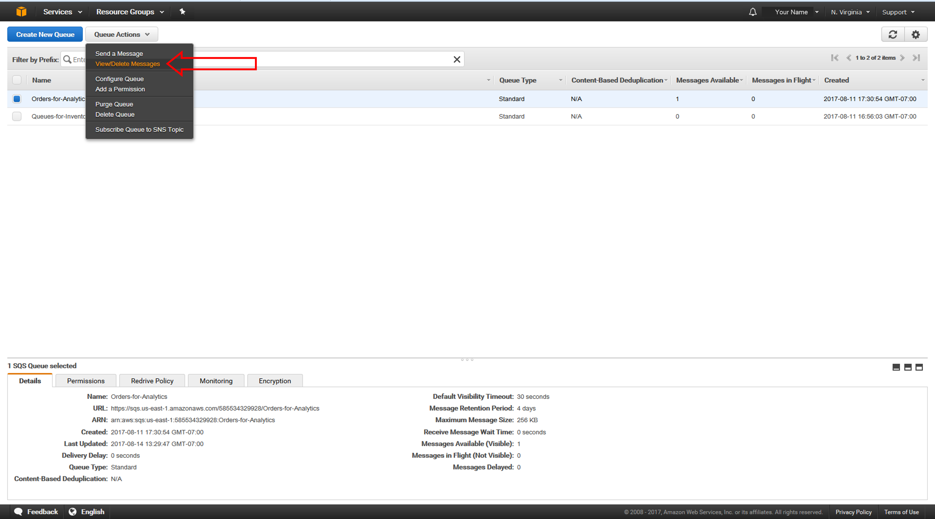 Repeat steps 6a through 6e to confirm that the Orders-for-Analytics queue also received the notification of the new order