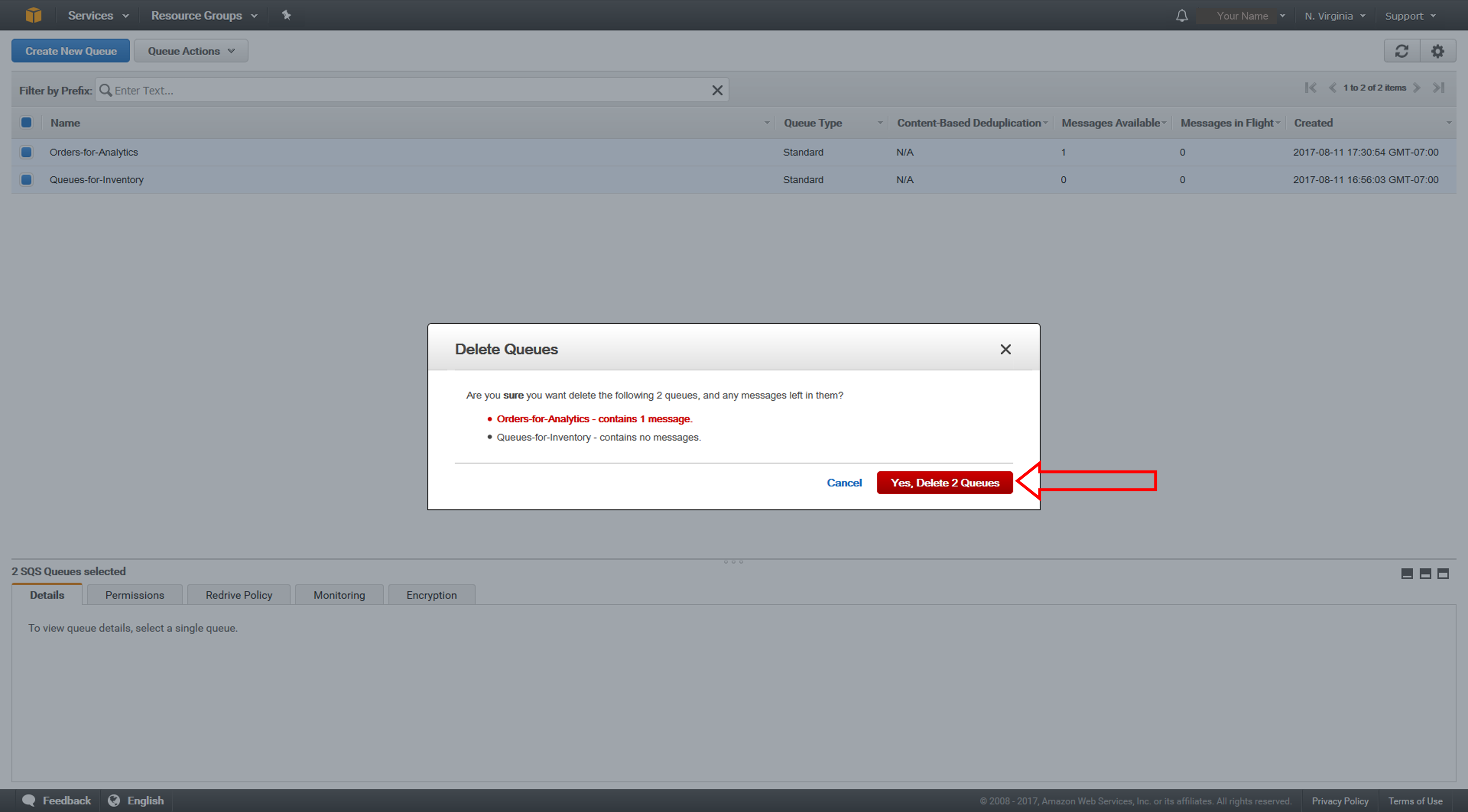  Haga clic en Yes, Delete 2 Queues (S&iacute;, eliminar 2 colas)
