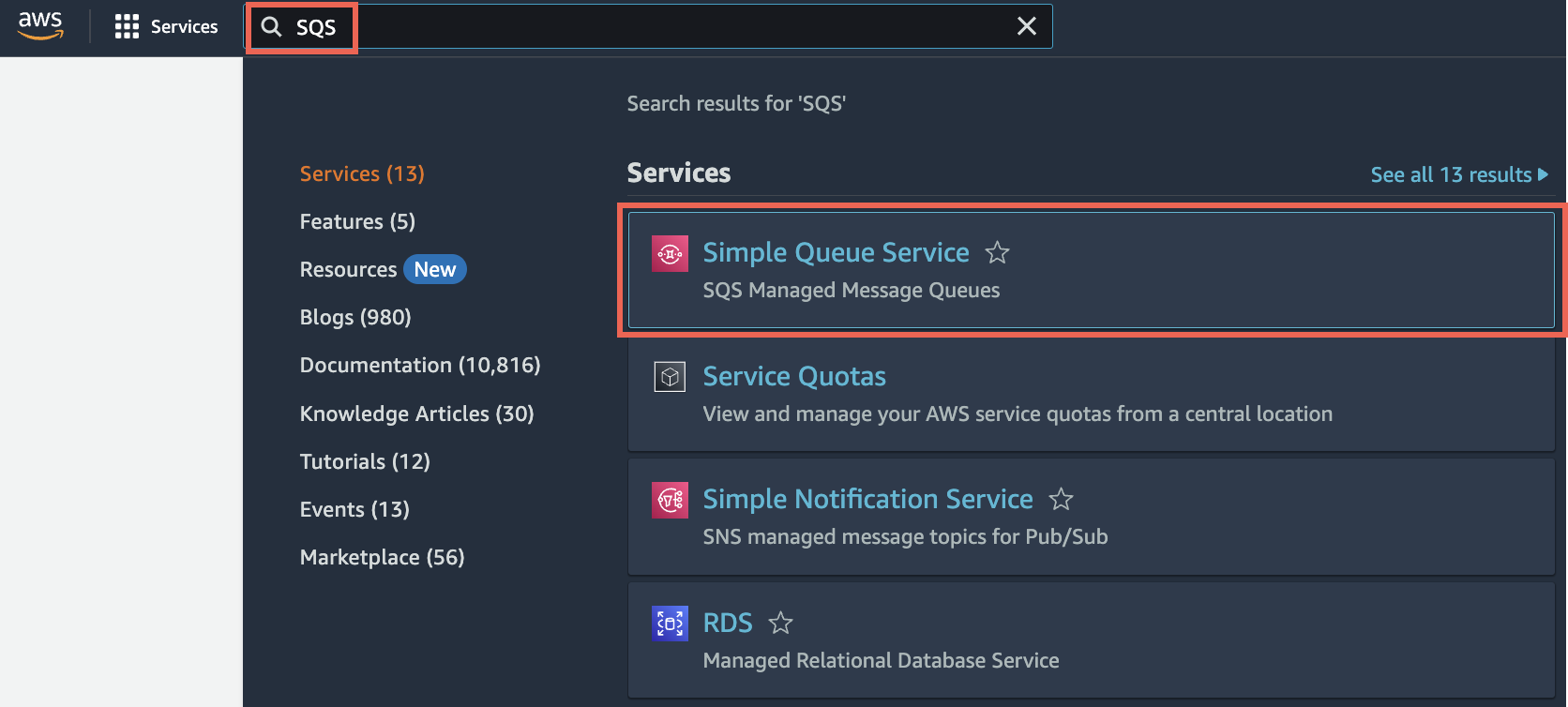SQS in search bar with Simple Queue Service selected in search results