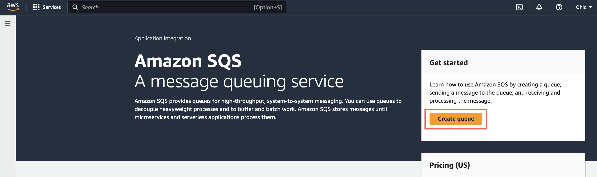 Amazon SQS console landing page with Create queue button selected