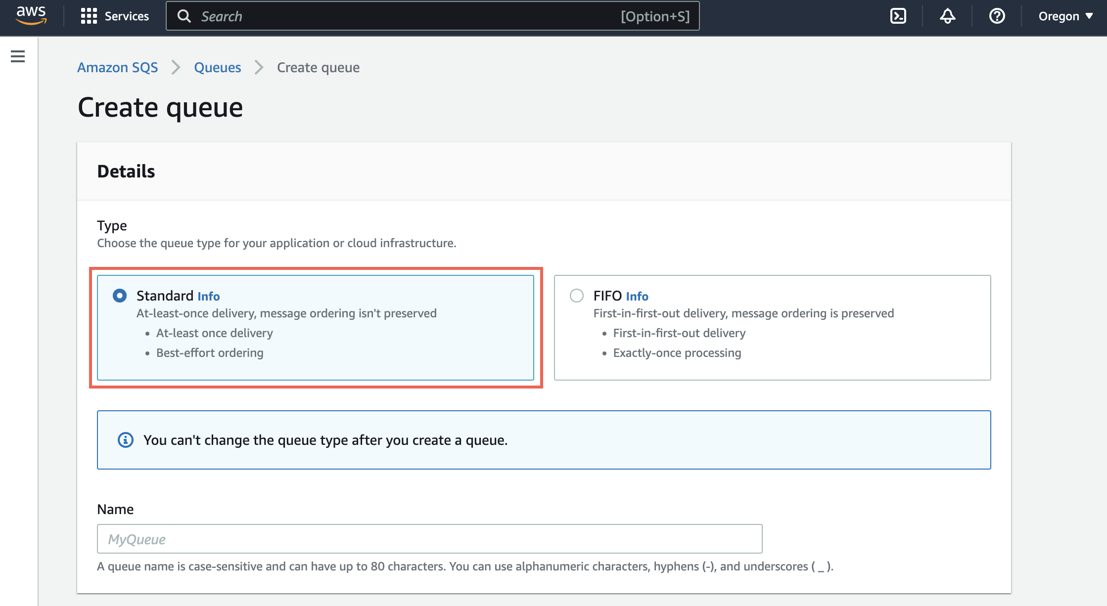 Create queue screen with Standard queue selected