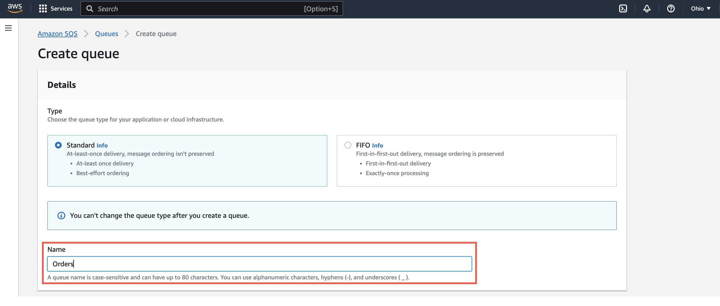 Create queue screen with Orders entered in Name field