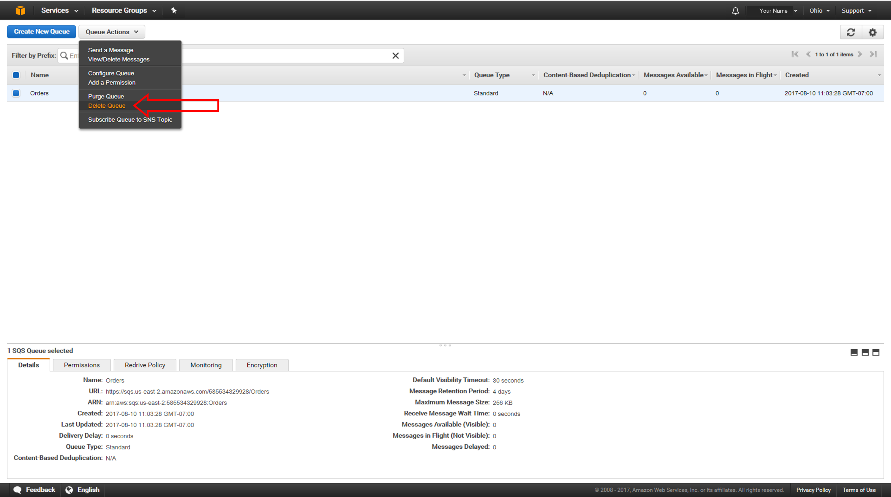 在队列列表中，选择 Orders 队列。然后，从&ldquo;队列操作&rdquo;中，选择&ldquo;删除队列&rdquo;。