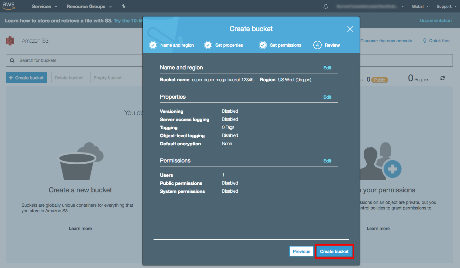 S3 bucket configuration settings