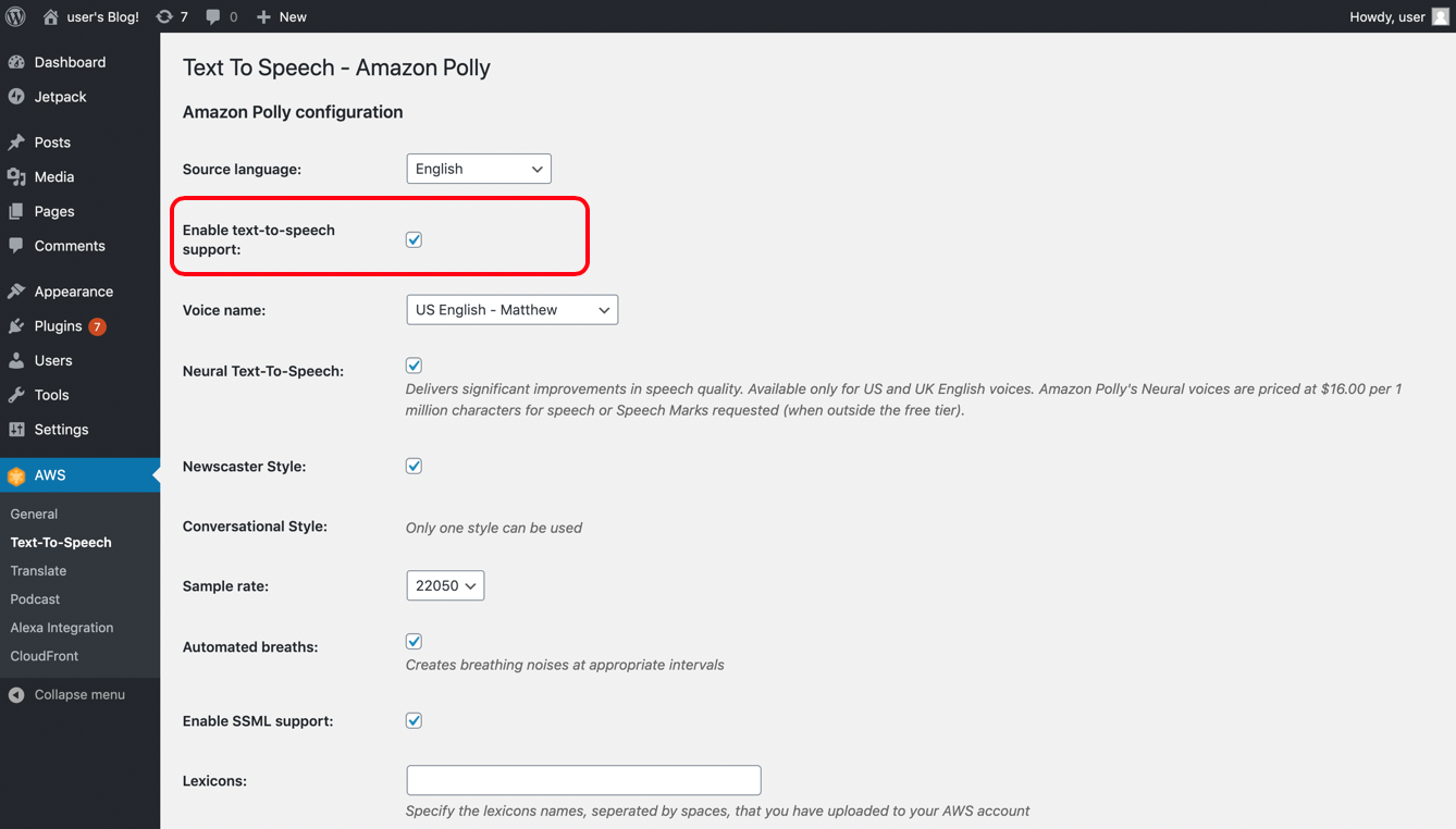 Plugin configuration page - choose text-to-speech