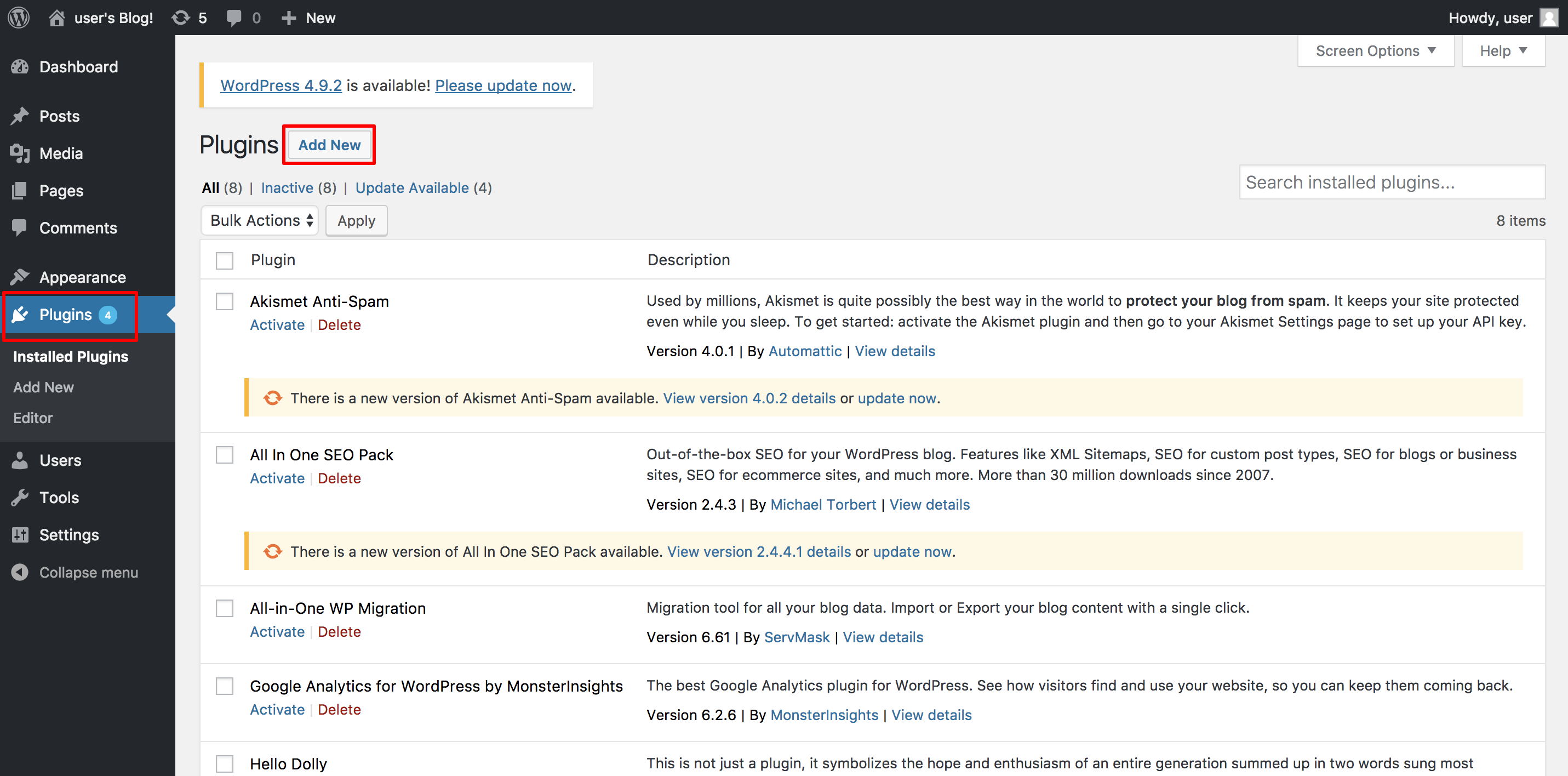 Select Plugins on the left-hand side, and Add New