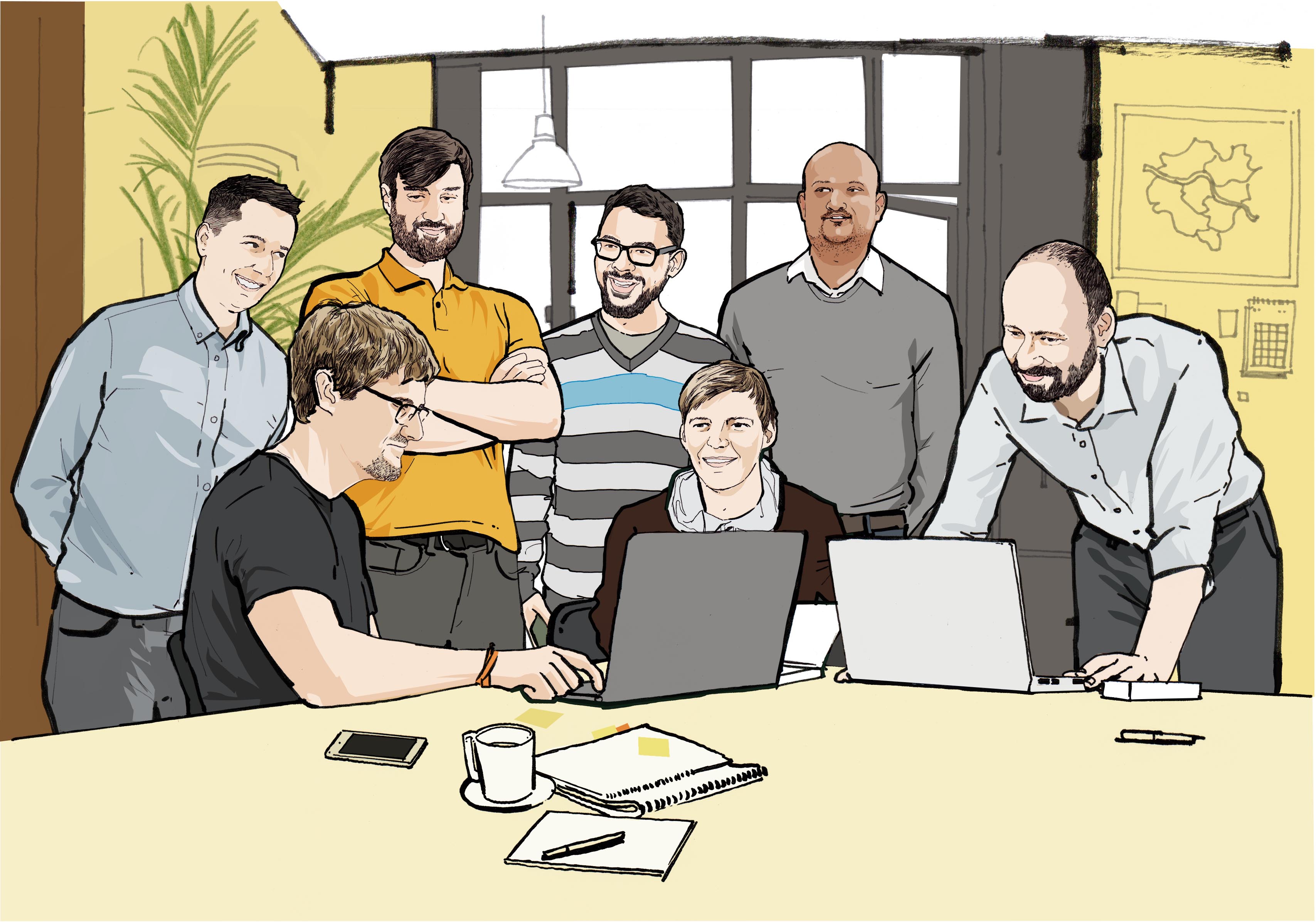 A group of folks in front of a window, some sitting, some standing around two laptops, engaged in conversation. A stylized version of a photograph to make it look like a drawing