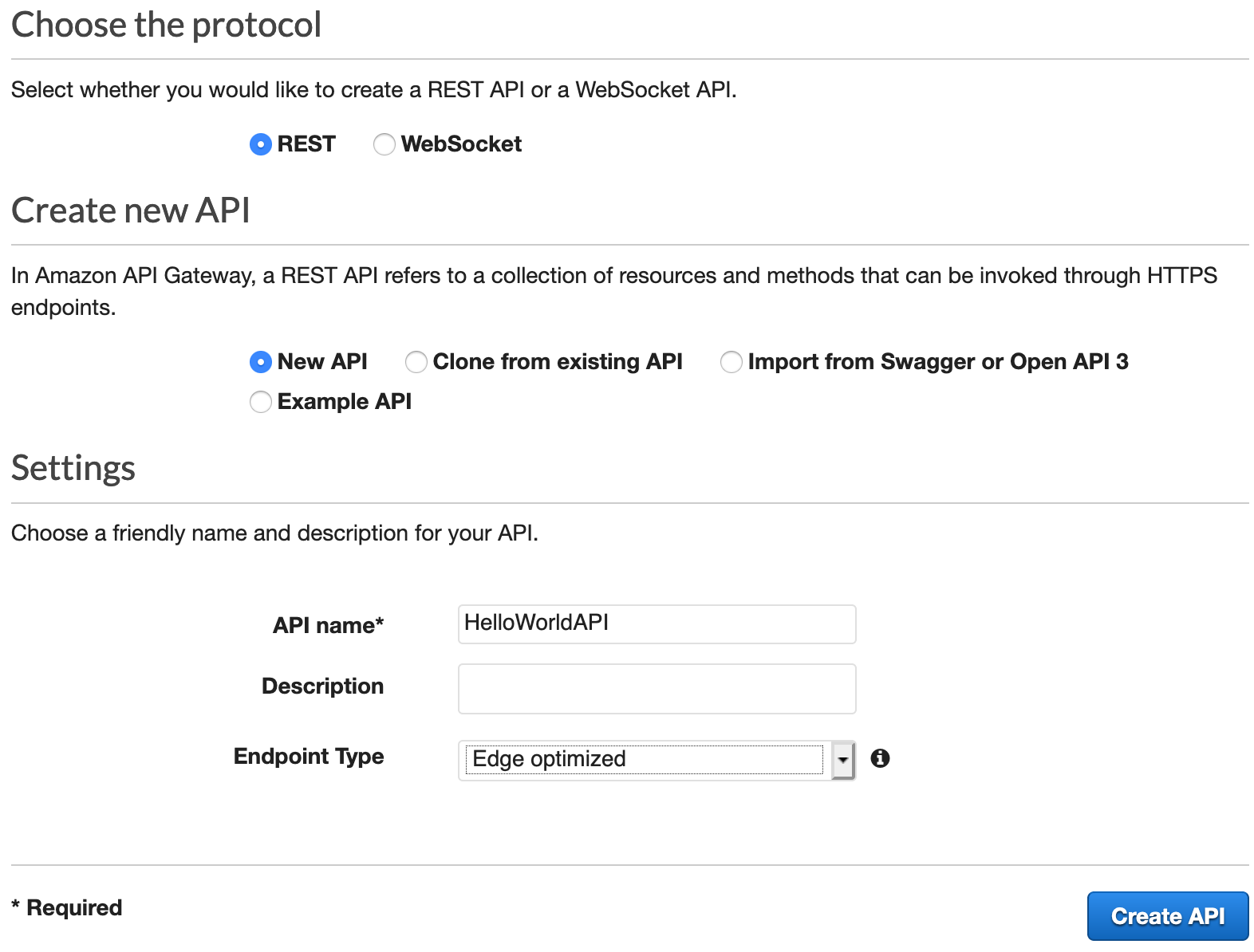 Buat halaman API, yang menampilkan pilihan dan pengaturan API.