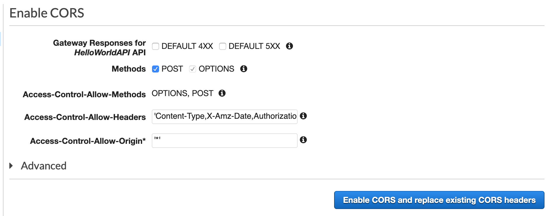 Habilite la p&aacute;gina de configuraci&oacute;n de CORS.